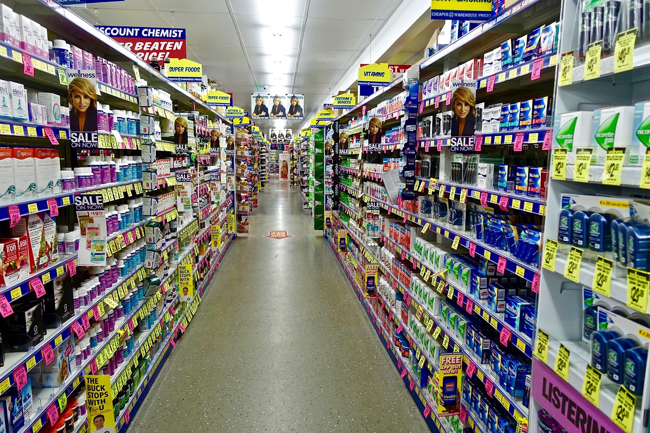 pharmacy shelves medicine
